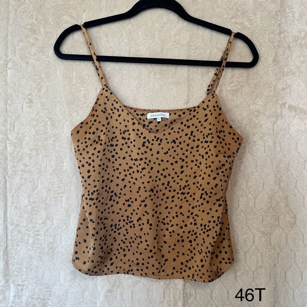 Crescent Women’s  Golden Shiny Satin Black Spotted Spaghetti Straps Top / Cami S